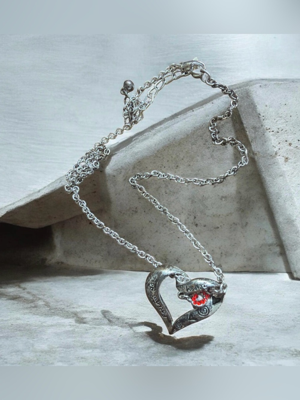 Silver Tone Heart Pendant Necklace with Red Accent